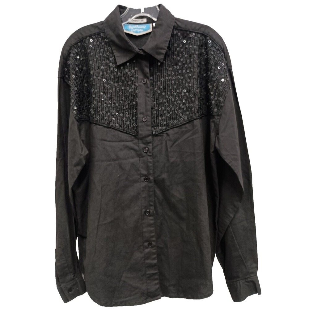 VTG Southwest Canyon Western Shirt Womens Large Black Beaded Cowgirl Rodeo